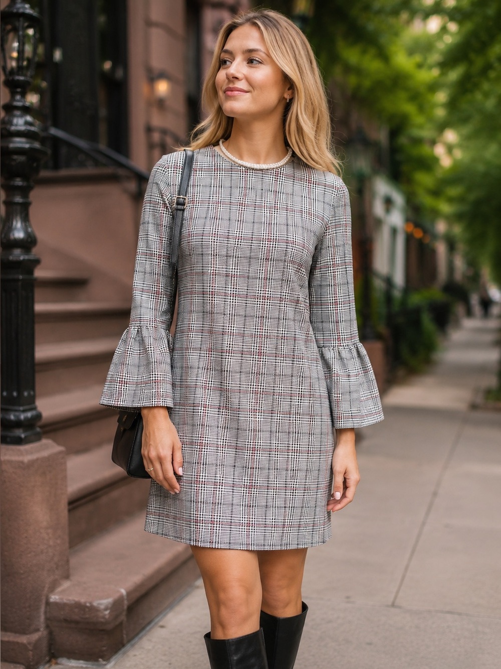 ZARA Preppy Gray Plaid Bell Sleeve Old Money Style Mini Dress, XS